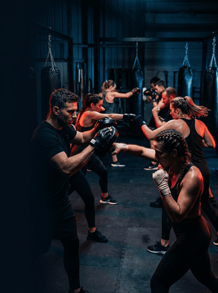 Boxing trainer leading an energetic group class